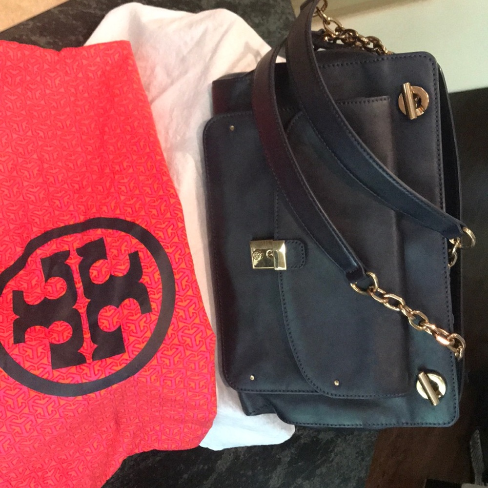 Tory Burch navy double handle satchel